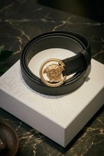 Versace Medusa Head Big Plate Belt Black Leather Gold Buckle - Size M/L