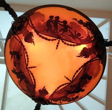 MULLER FRES LUNEVILLE LUSTRE ART NOUVEAU PATE DE VERRE GRAVE PUTTI MUSICIEN 1900