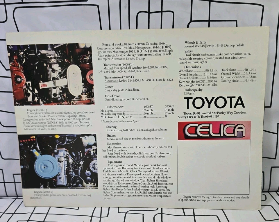 vintage TOYOTA CELICA COUPE 1600ST & 2000ST AUTOMATIC Car Sales Brochure c1976 - Image 2 of 3