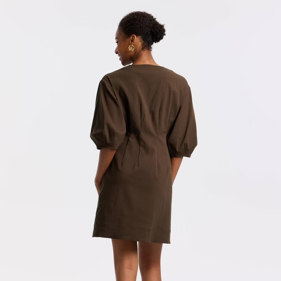 Women's Balloon Elbow Sleeve Mini A-Line Dress - A New Day Brown L | eBay