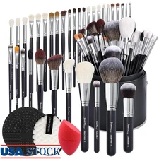 Professional Makeup Brush Set 34Pcs Natural Goat Horse Hair Holder Cleaning Mat