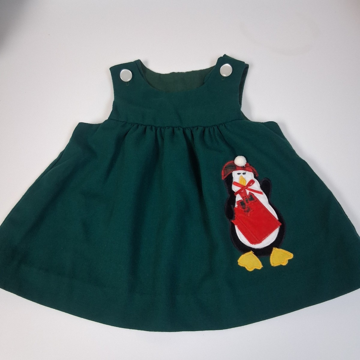 Vintage 12 Month Girls Green Christmas Dress Jumper Penguin Appliqu Holiday