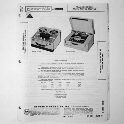 Trav-Ler Models TT-595 TT-5925 TTS-5930 - SAMS Photofact   1962 - New NOS