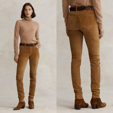 Polo  Ralph Lauren Suede Cow Leather Tan Pants Skinny Stretch Trouser Size 8