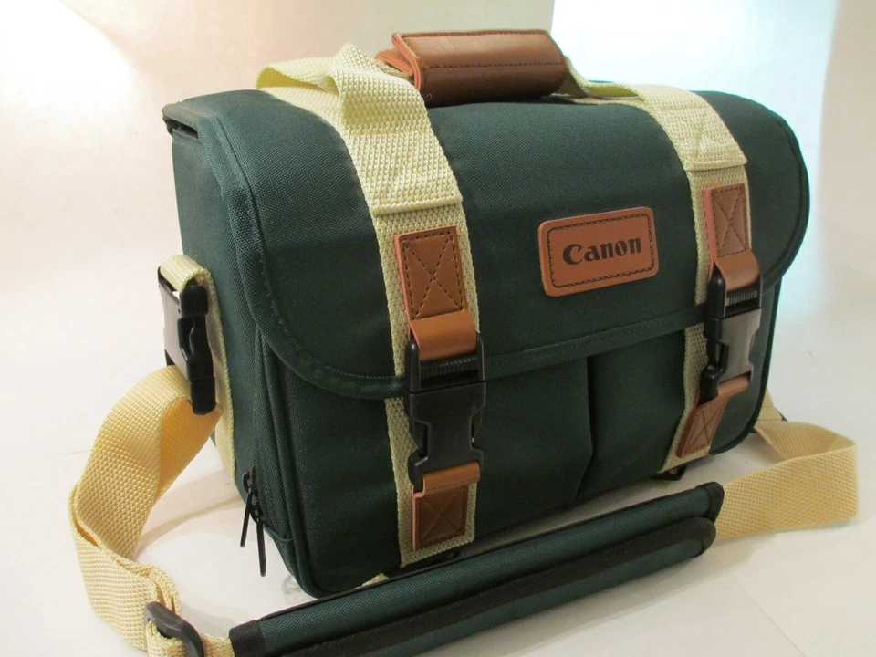 Bolsa organizadora retro para cámara Canon bolsillos verdes correa para el hombro DSLR estuche de transporte Foto 2 de 4