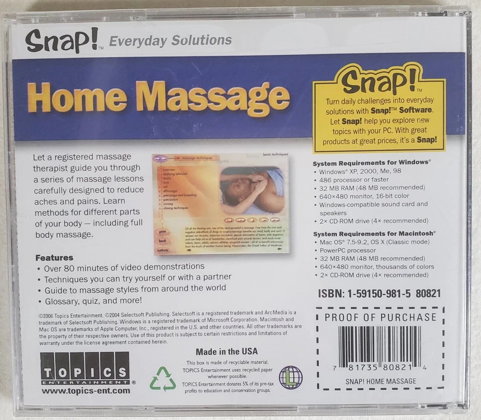Snap! Everyday Solutions: Home Massage (For PC/Mac, 2006) Brand New Sealed - Image 2 of 2
