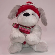 Hugfun St Jude Gray White Puppy Dog 12" Joey Red Hat Scarf Stuffed Plush Animal 