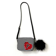Justice Girls Purse Shoulder Bag Initial Letter T Black White Stripe with PomPom