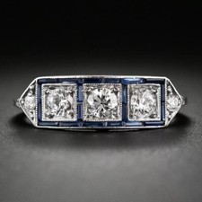 1/2Ct White Round Cut Art Deco Three Stone Halo Engagement Wedding Silver Ring