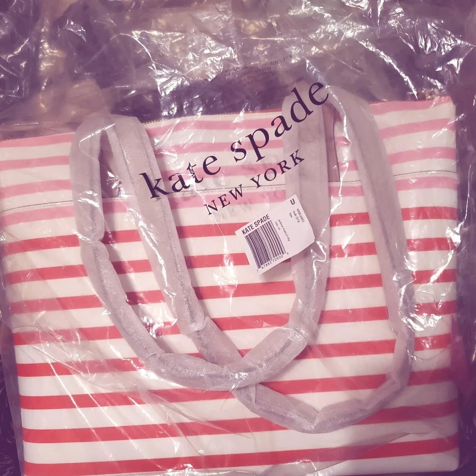 NUEVO✨️ Bolso Kate Spade Patrice Tropical Rayas Rosa Melocotón Coral Blanco Cuero 