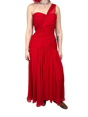 Vintage Red Adele Simpson Chiffon One Shoulder Sweetheart Neckline Evening Dress