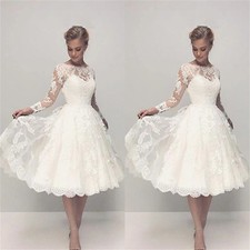 Tea Length A-Line Wedding Dresses Lace Applique Long Sleeves Vintage Bridal Gown