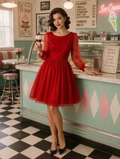 Vintage 50s Red Sheer Puff Sleeve Party Dress
