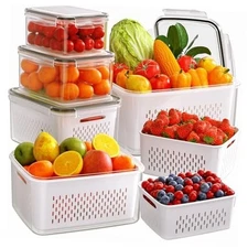 6 PCS Fruit Storage Containers for Fridge with Removable Colanders, 6 6P white