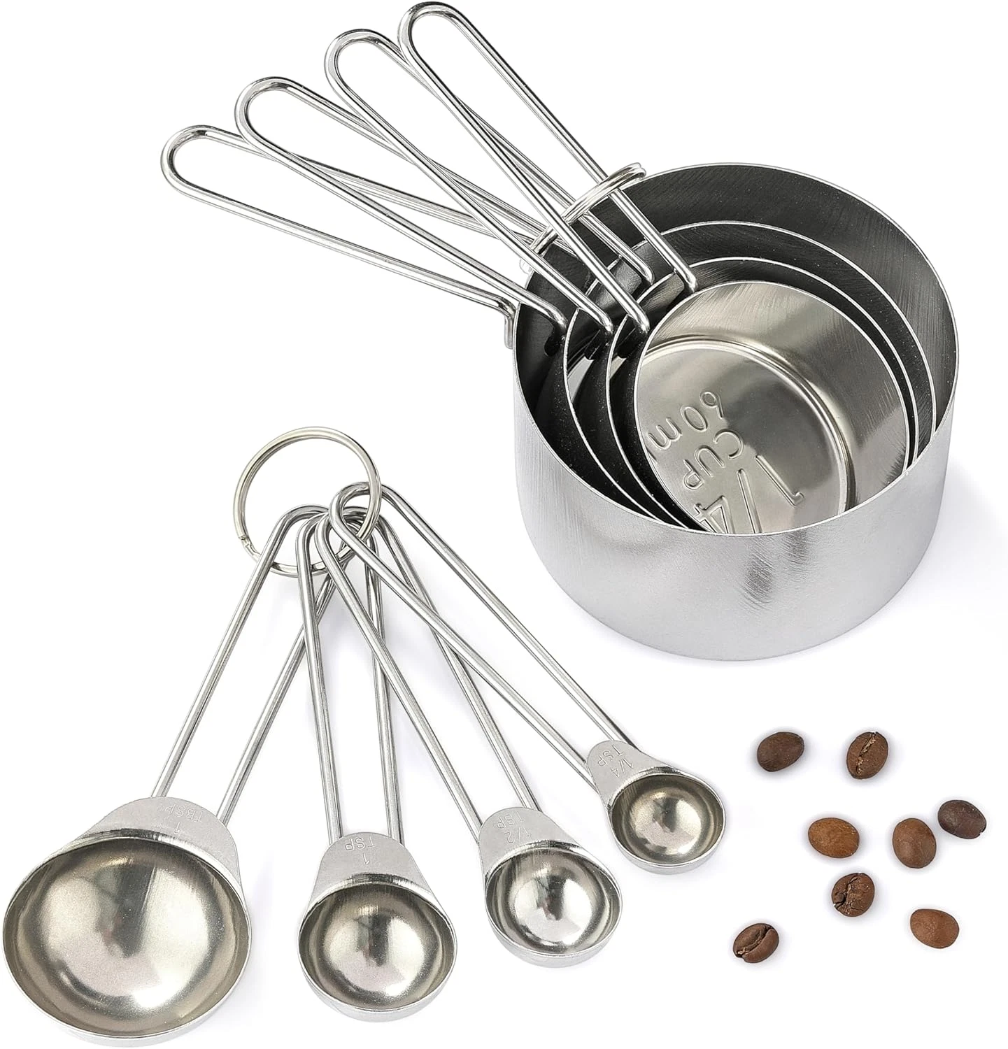 Set de 8 Tazas y Cucharas Medidoras de Acero Inoxidable para Cocina y Reposteria