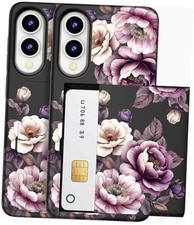 Compatible for Samsung Galaxy Case with Card S25 Edge Black Pink Roses Flowers