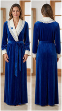 Vintage KOMAR Velvet Blue Robe Lace  Quilted Collar Made in USA size Large