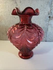 Vintage Fenton Cranberry Pink Glass Vase | Drape Pattern with Ruffled Top | 7.5"