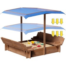 Wooden Kids Sandbox W/ Adjustable Canopy Foldable Bench Seats for Outdoor Play