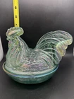 VTG Fenton Iridescent Carnival Glass Teal Rooster Hen On A Nest Manganese Glow