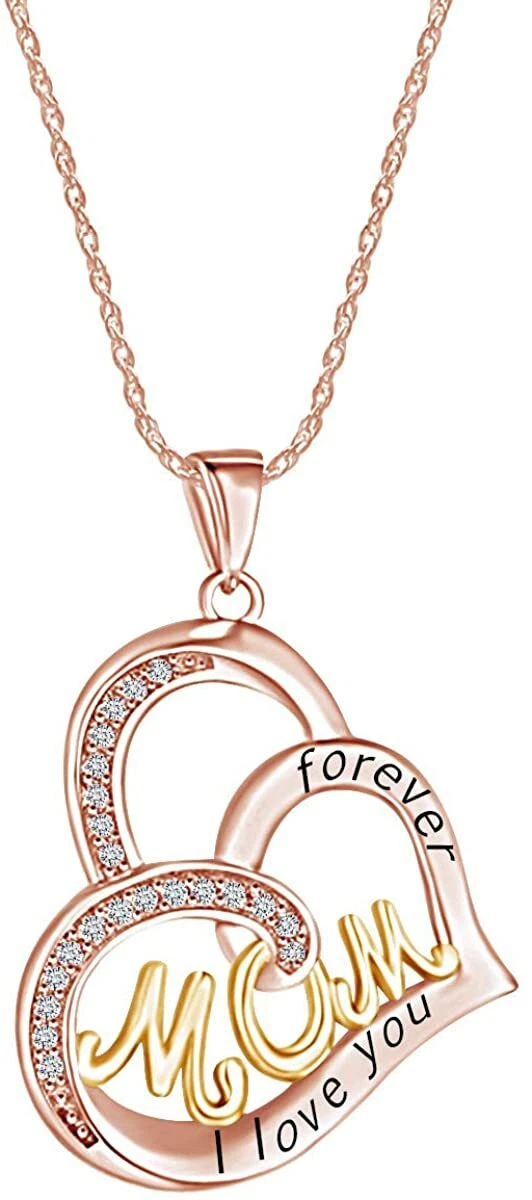 Engrave I Love You Forever Two Tone Cross Heart Mom Pendant Necklace in Silver