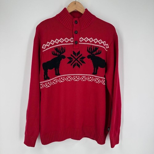 Chap Sweater Moose Medium Pullover Henley Red Black Knit Holiday Christmas