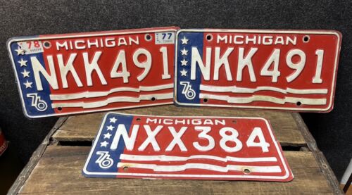 Vtg Lot 3 1976 Michigan Bicentennial License Plate Plates Match Pair #NKK491 - Afbeelding 1 van 7