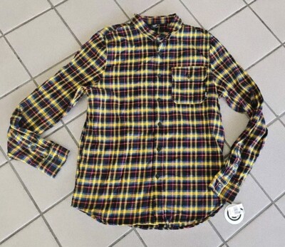 NWT Neff Men's Small Flannel Plaid Button Casual Shirt Black Yellow Blue Red