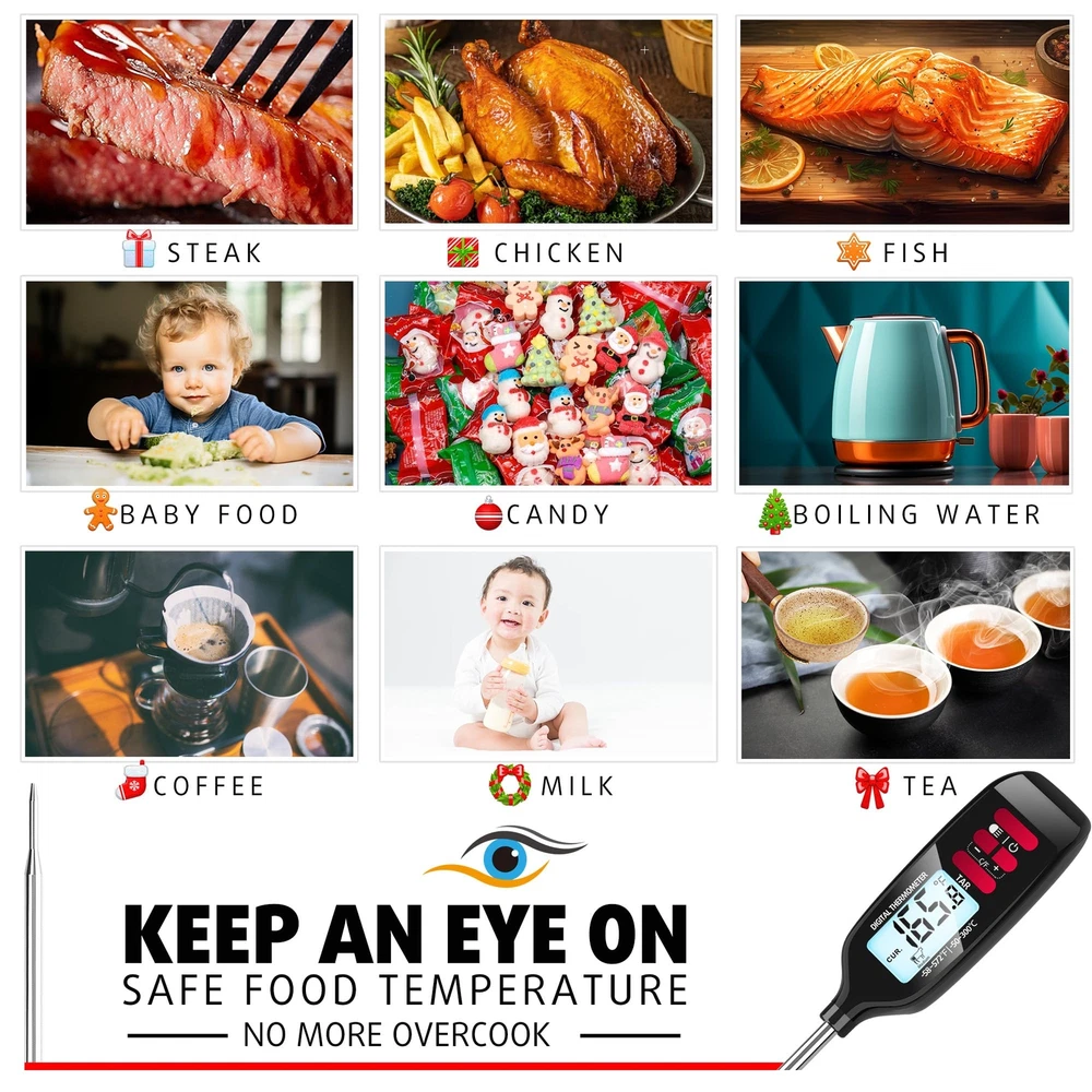 Meat Thermometer with Long Food Temperature Probe, Digital Instant Read Food ...