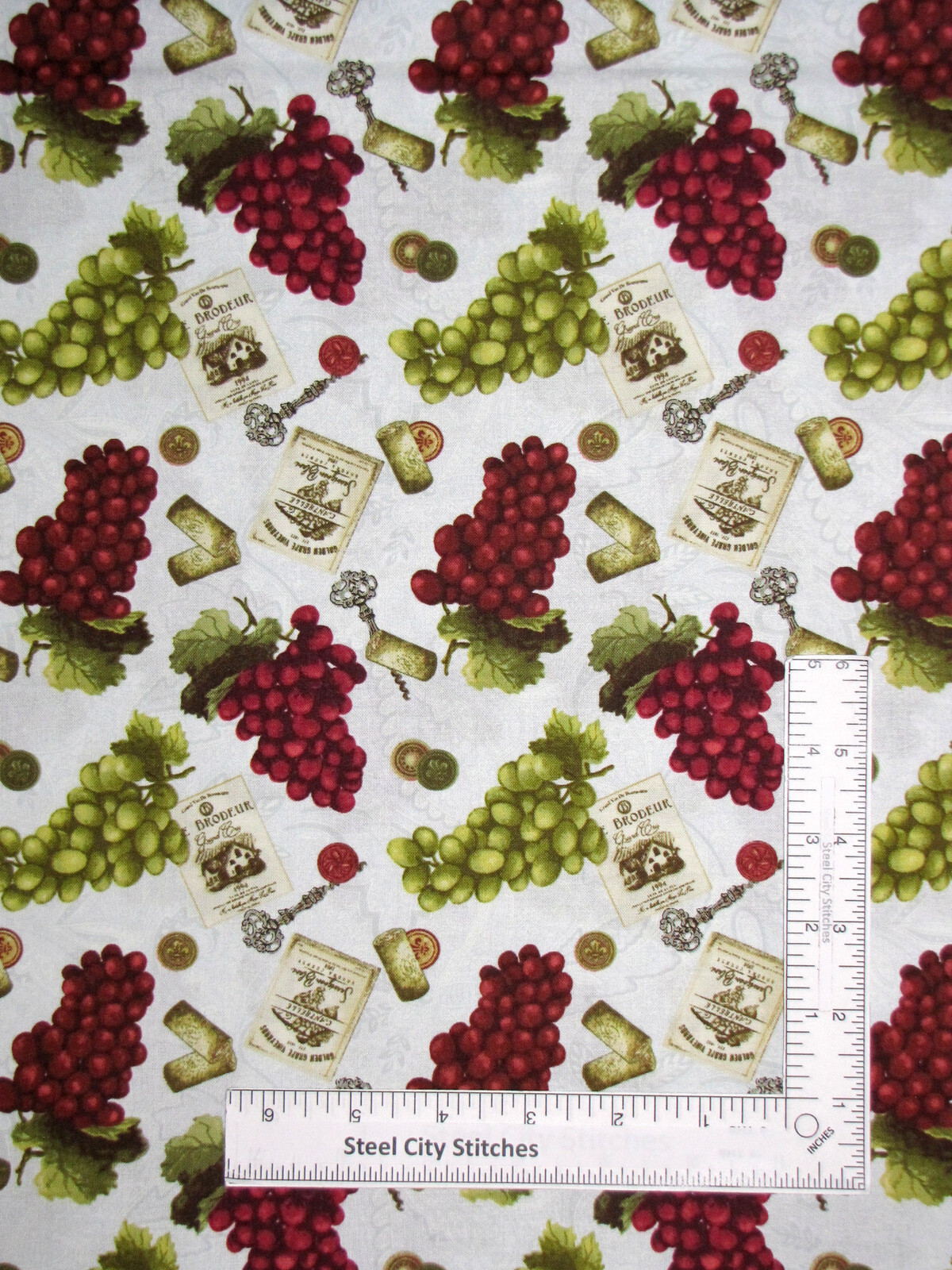 After Five Wine Grapes Fabric Vineyard Corkscrew Cotton by Henry Glass Yard