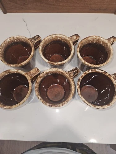 Hull Brown Ceramic Mugs Set of 6 Oven Proof USA Pottery with Handle