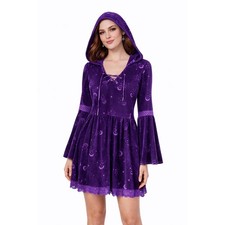 Spirit Halloween Purple Velvet Moon Star Bell Sleeve Hooded Dress L