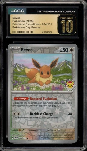 Pokemon Eevee 2025 Pokemon Day Prismatic Evo. Reverse Holo #074 CGC 10 Pristine