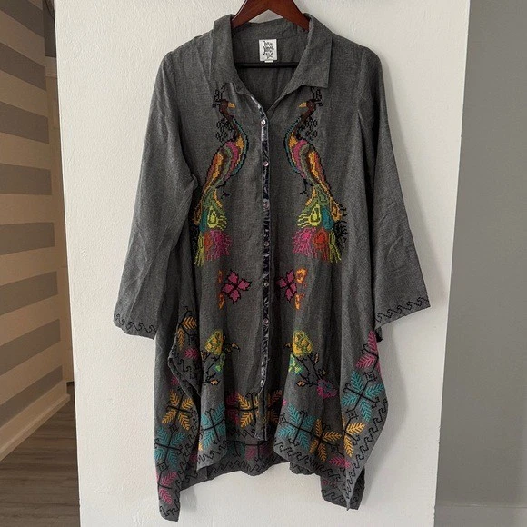 Túnica IVY JANE Bordada Punto de Cruz Botón Frontal Grande Gris Pavo Real Boho Foto 2 de 4