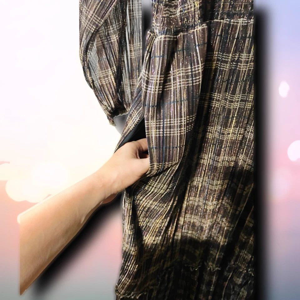 Vestido midi campesino brillante metálico a cuadros Knox Rose marrón dorado talla M bolsillos Foto 4 de 4