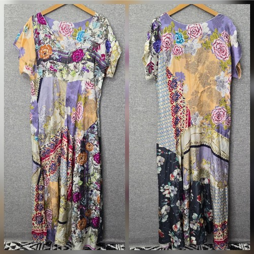 JOHNNY WAS MAGNOLIA PATCHWORK SILK DRESS, SIZE PXL