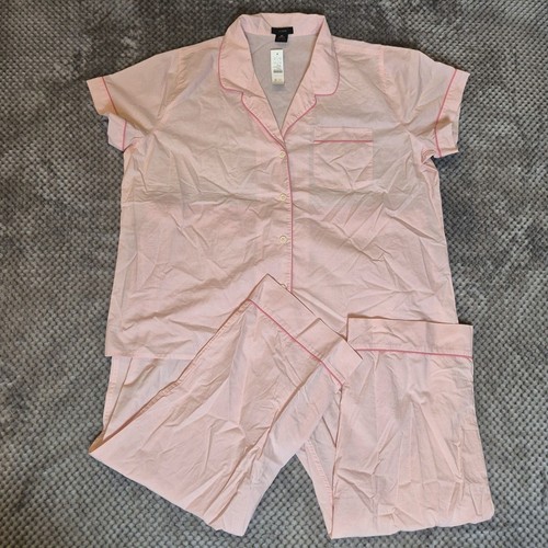 J Crew Women Pajama Set Pink Piping Cotton Size 2X Short Sleeve Cropped Retro - Picture 9 of 9