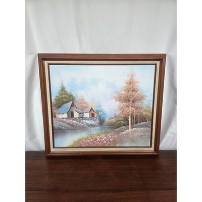 Vintage Wolfgang Zeller Oil Painting Barn Lake Landscape Mid Century Rustic