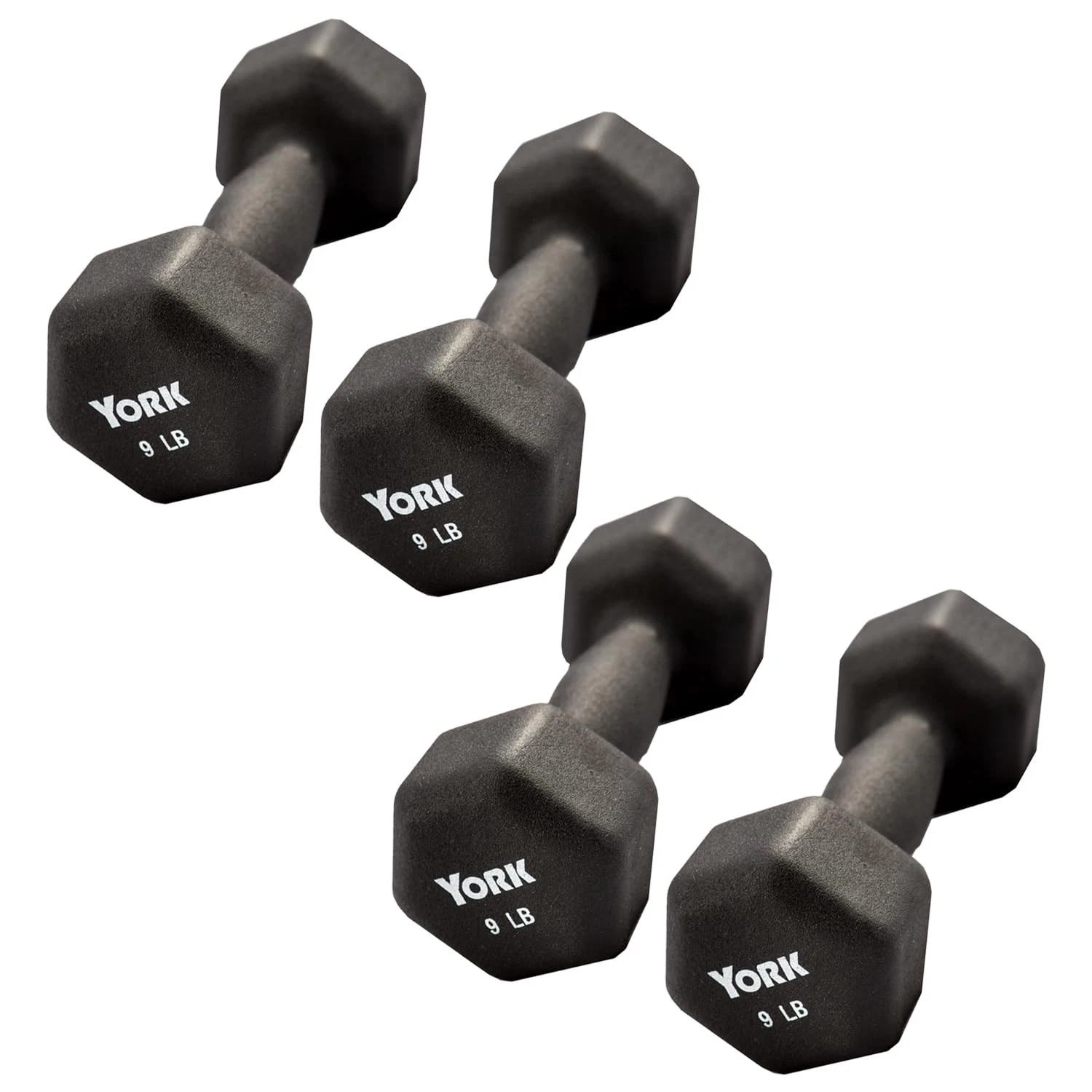 York Barbell Neoprene Hexagon Dumbbells with Cast Ergo Handle (9lb, Pack of 4)