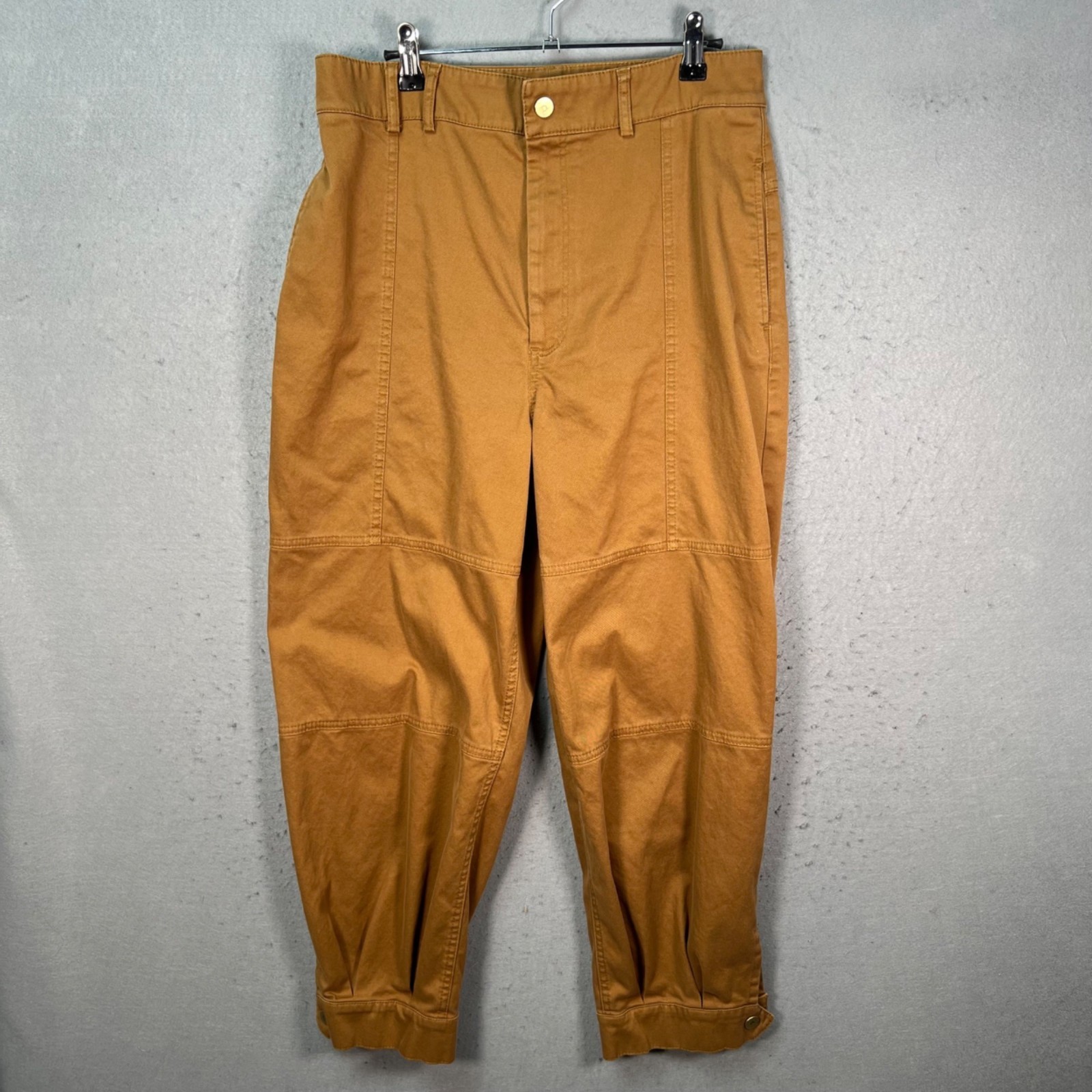 Zara Womens Large Camel Brown High-Waist Cropped Pants With Button Cuff