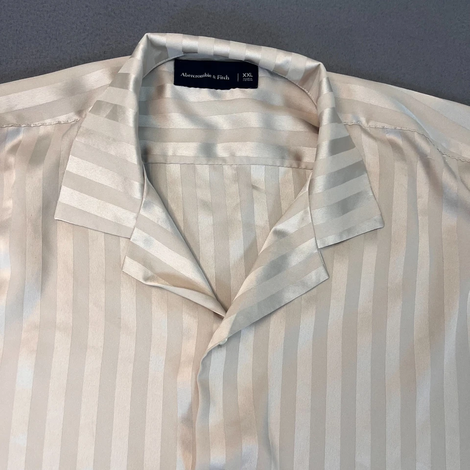 Abercrombie & Fitch A&F Mens 2XL Short Sleeve Ivory Satin Button Up Striped - Image 2 of 4