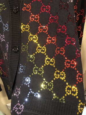 100% Authentic GUCCI Black Rainbow Crystal Embroidered