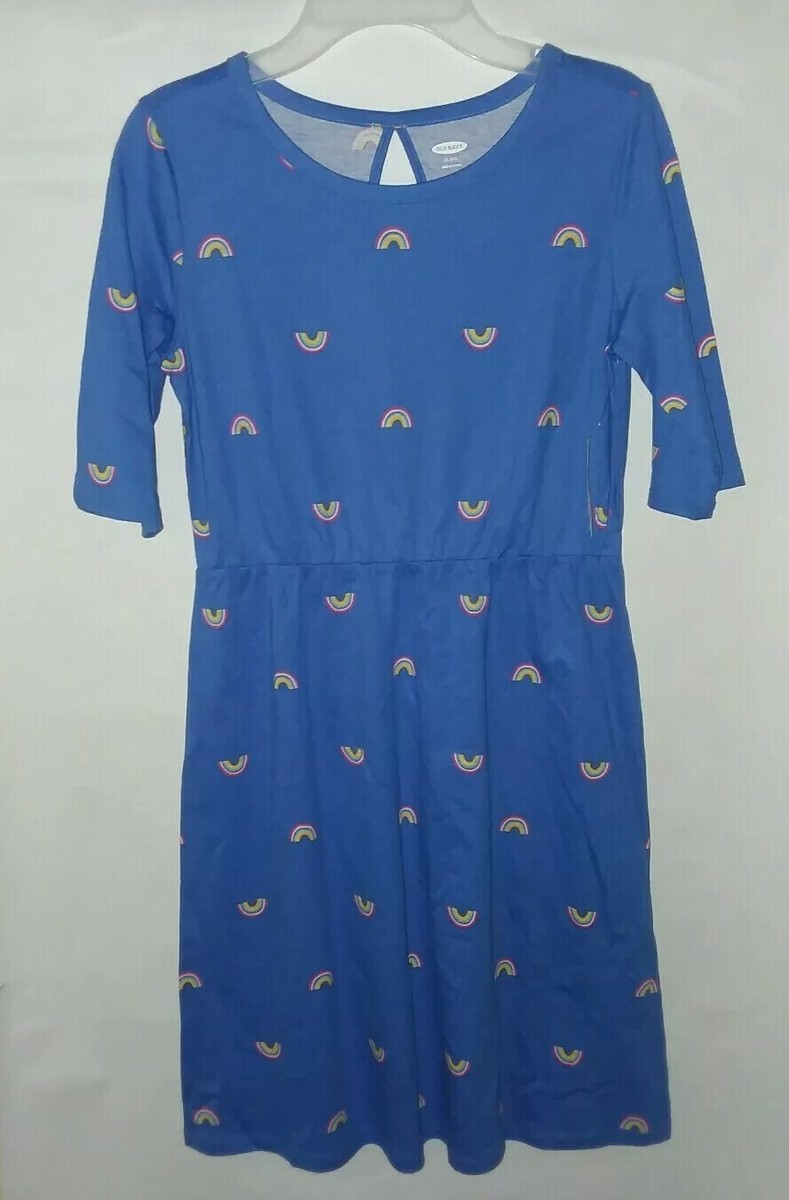 Old Navy Blue Rainbow Fit & Flare Jersey Dress Youth Girls Size 14 XL NWT New