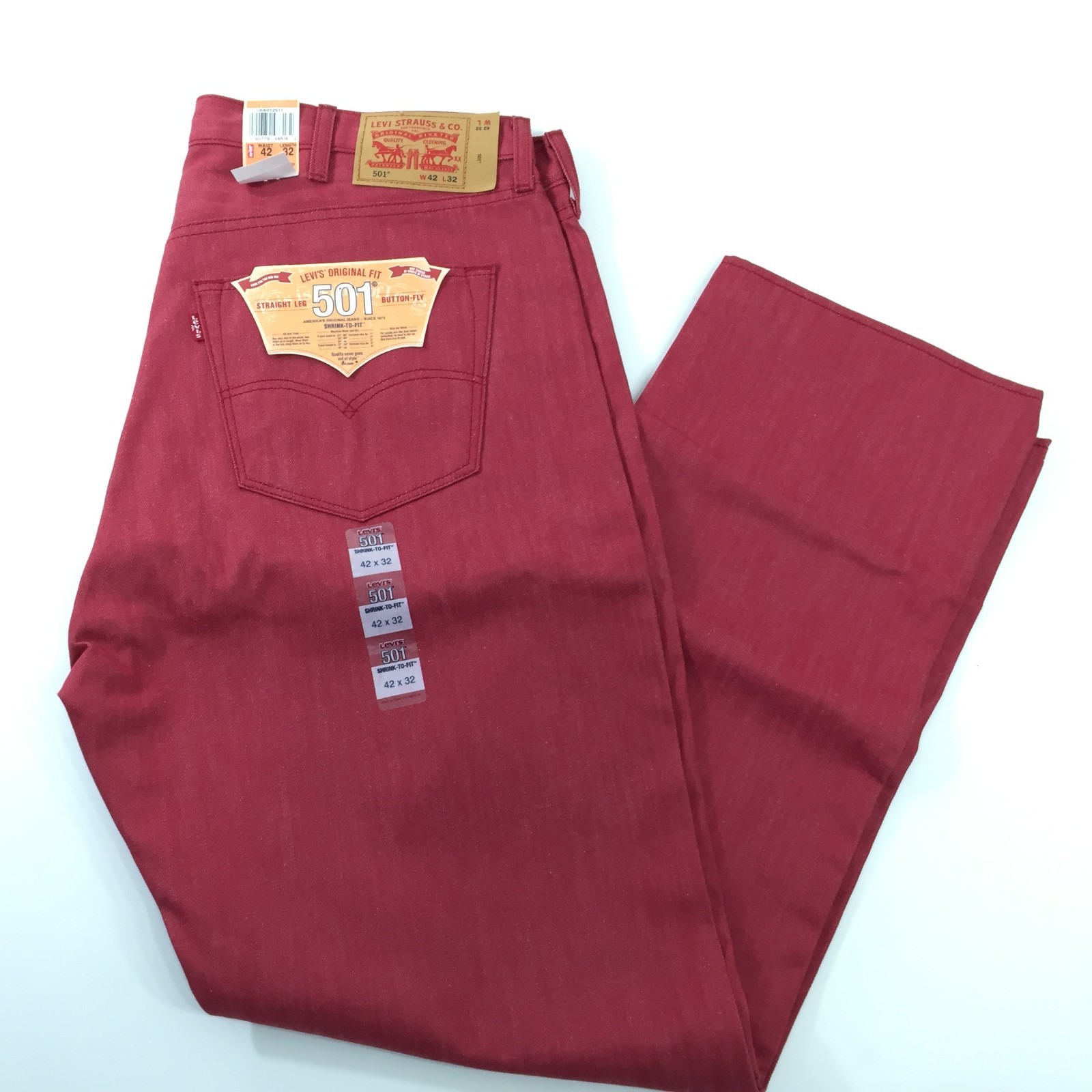 Levis 501 Mens Shrink to Fit Straight Leg Raw Denim Red 42x32 AA00008
