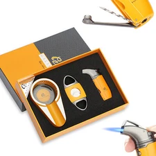 Galiner Windproof 2 Jet Torch Cigar Lighter Cutter Metal Cigar Ashtray Gift Set