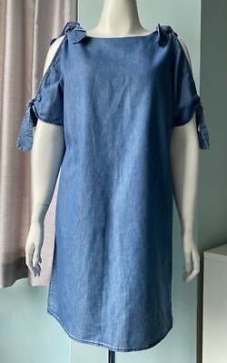 CIMINY PARIS 100% Cotton Ladies  Blue Tencel Cold Shoulder Short Dress Size S