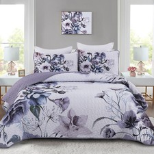 Queen King Quilt Set 3PCS Floral Boho Bedspread Pillow Shams Microfiber Bedding
