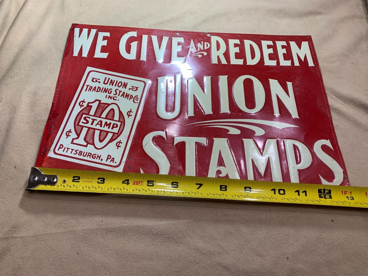 UNION TRADING STAMP CO PITTSBURGH PA EMBOSSED TIN TACKER SIGN RED