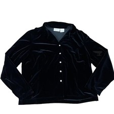 Black Velvet Velour Button Front Long Sleeve Shirt Women Sz 16 Pearl Buttons