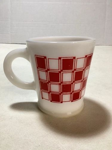 Vintage Hazel Atlas Mid Century Red Checkerboard Milk Glass Mug Cup